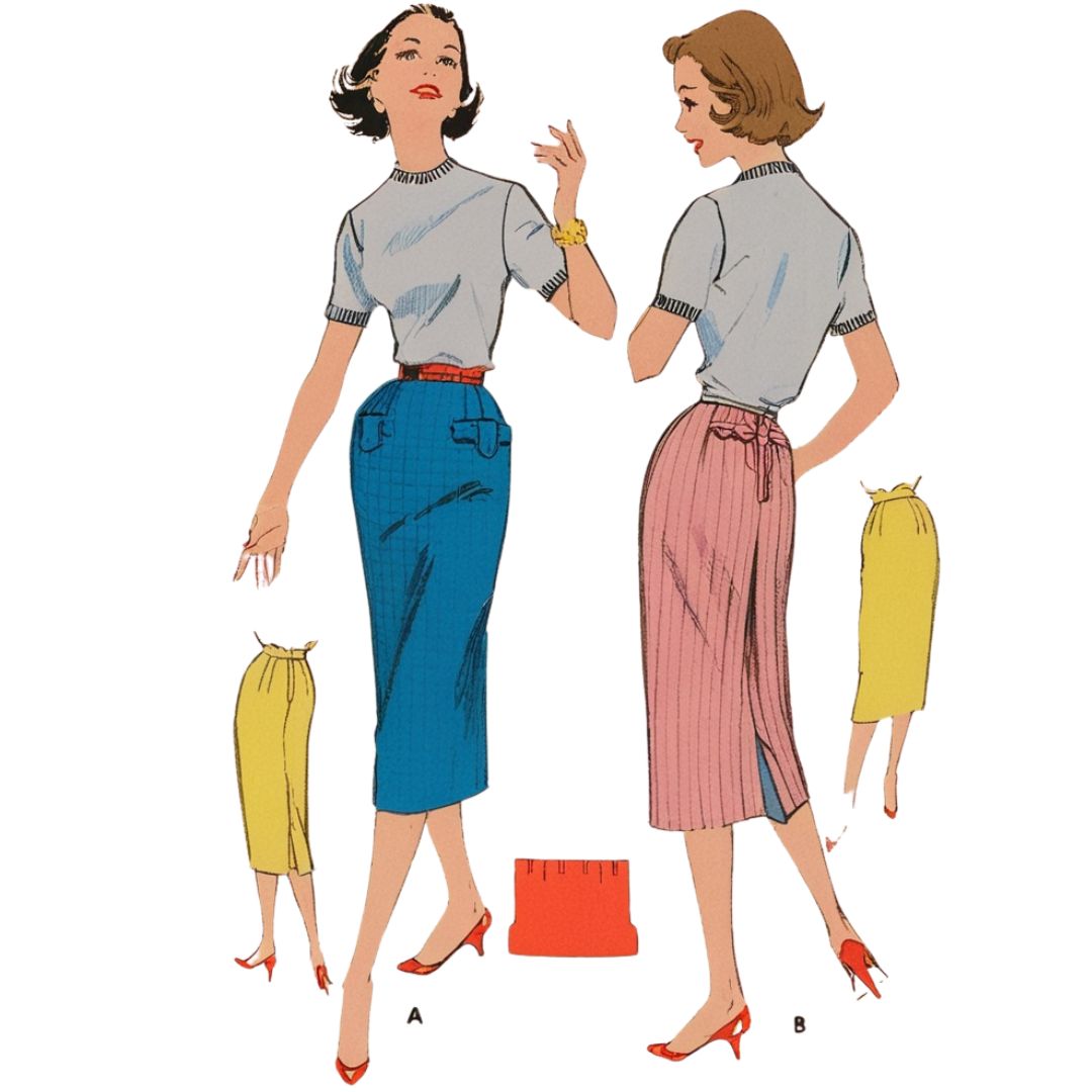 Illustration of two women wearing different styles of skirts with corresponding cut-out patterns on a white background.