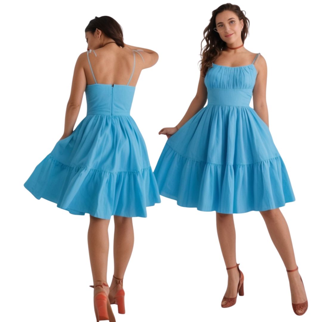 Blue dress shown from front and back on a white background