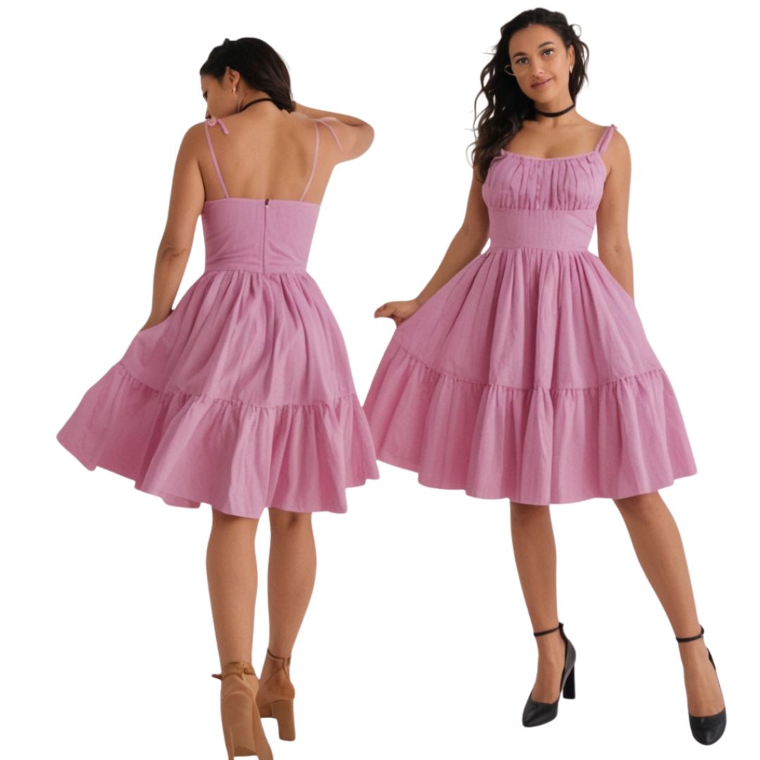 Pink dress shown from front and back on a white background