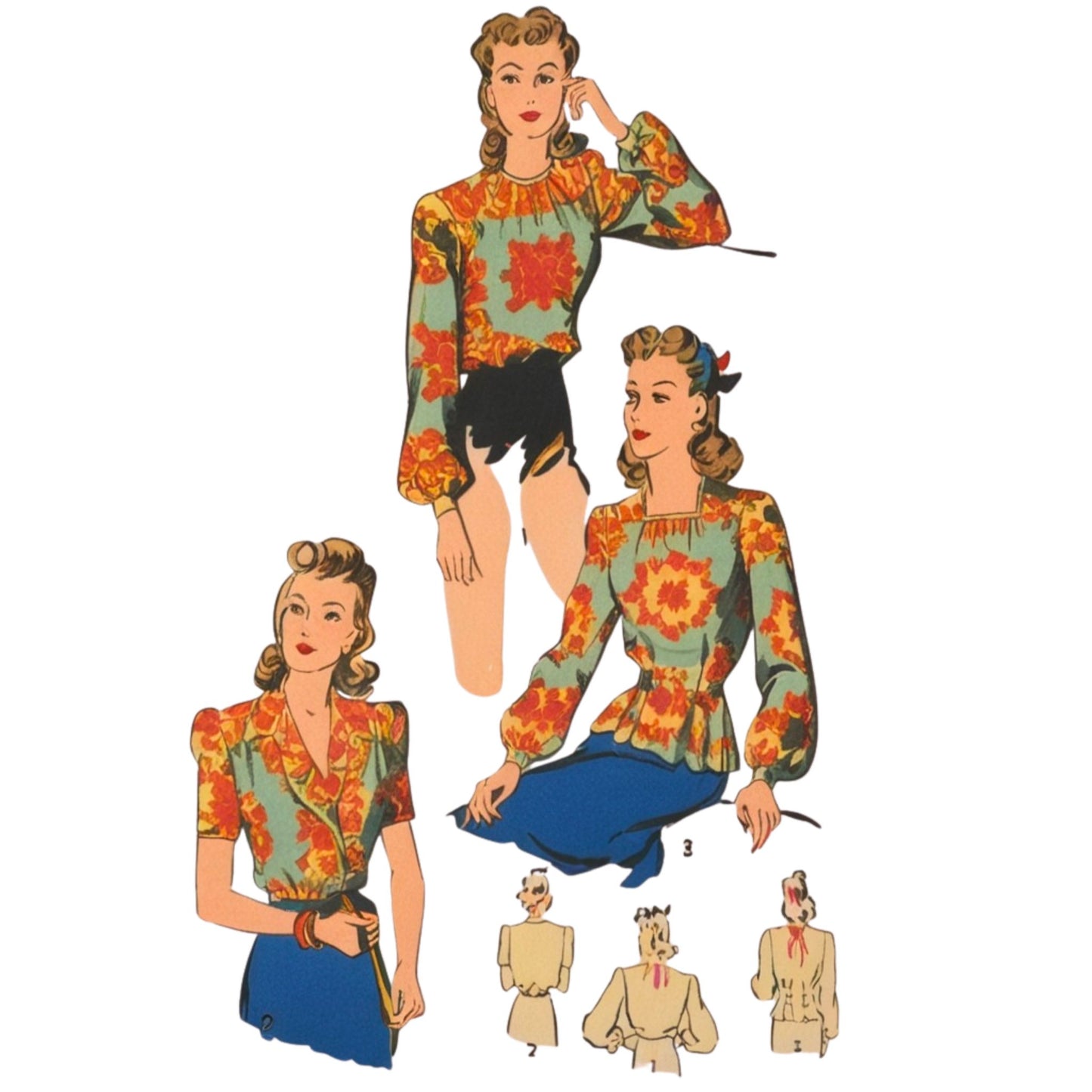 Vintage-style fashion illustration of a woman wearing a colorful blouse with matching skirt and accessories.