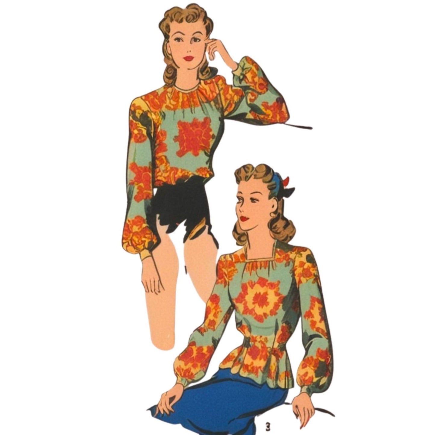 Vintage pattern piece of a woman wearing a floral blouse and shorts on a white background