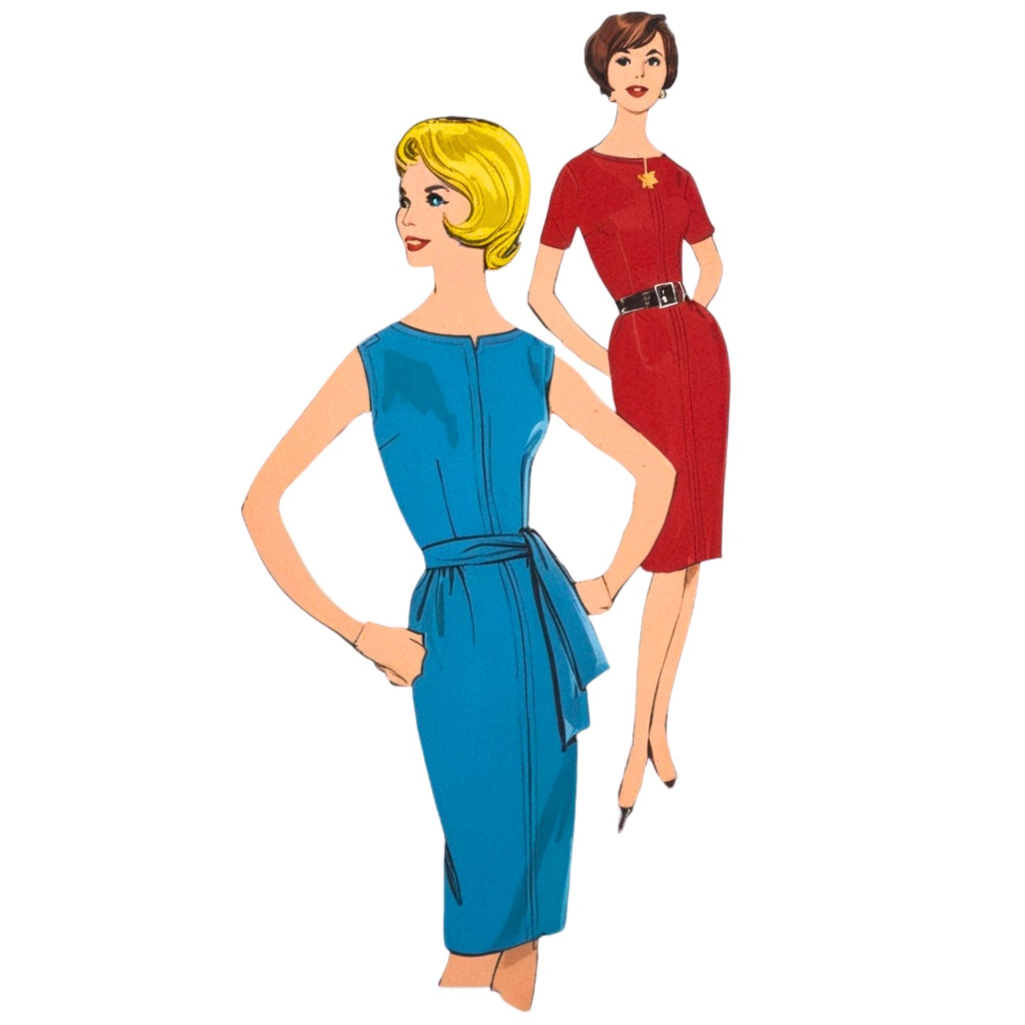 Two illustrated women wearing blue and red dresses on a white background
