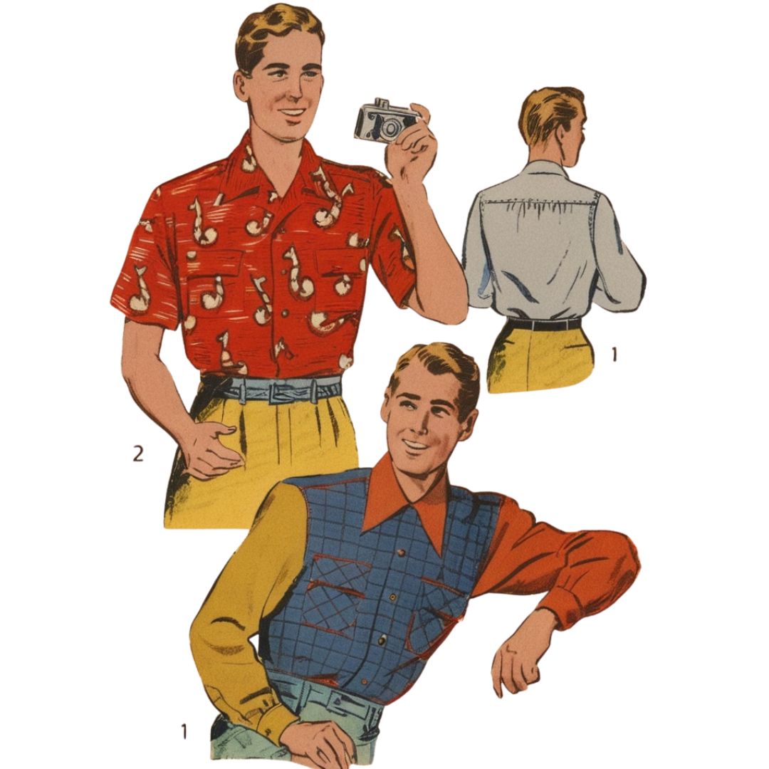 Vintage-style illustration of a man holding a camera with additional outfits displayed.