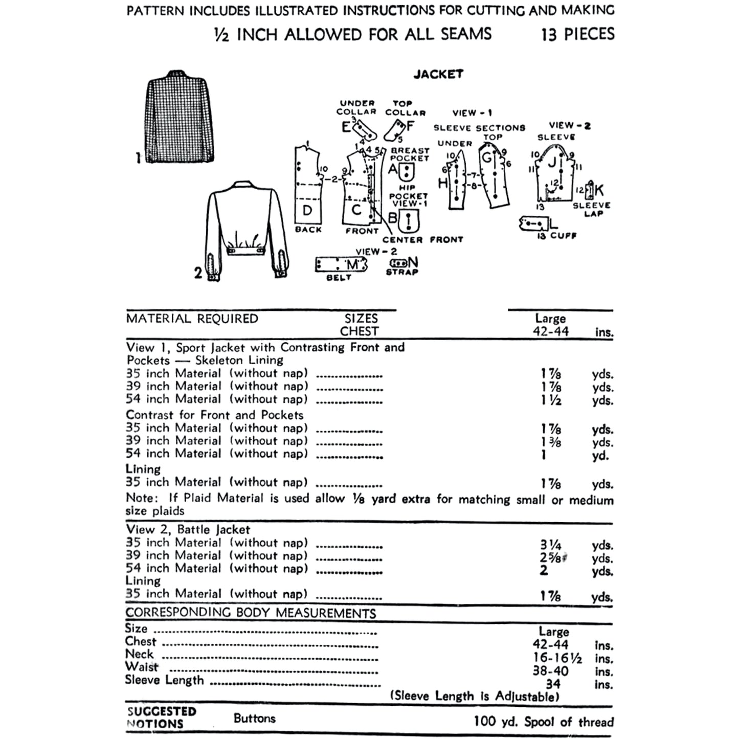 A printed sewing pattern page for a jacket, showing front and back line drawings with labelled views, plus a material and sizes table.