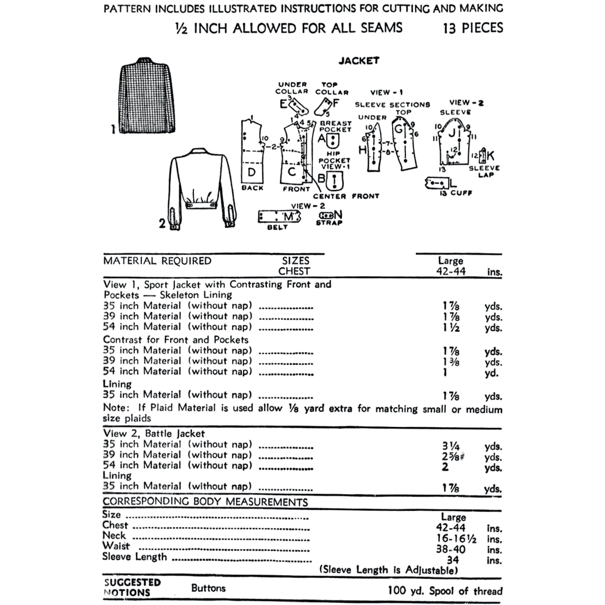 A printed sewing pattern page for a jacket, showing front and back line drawings with labelled views, plus a material and sizes table.