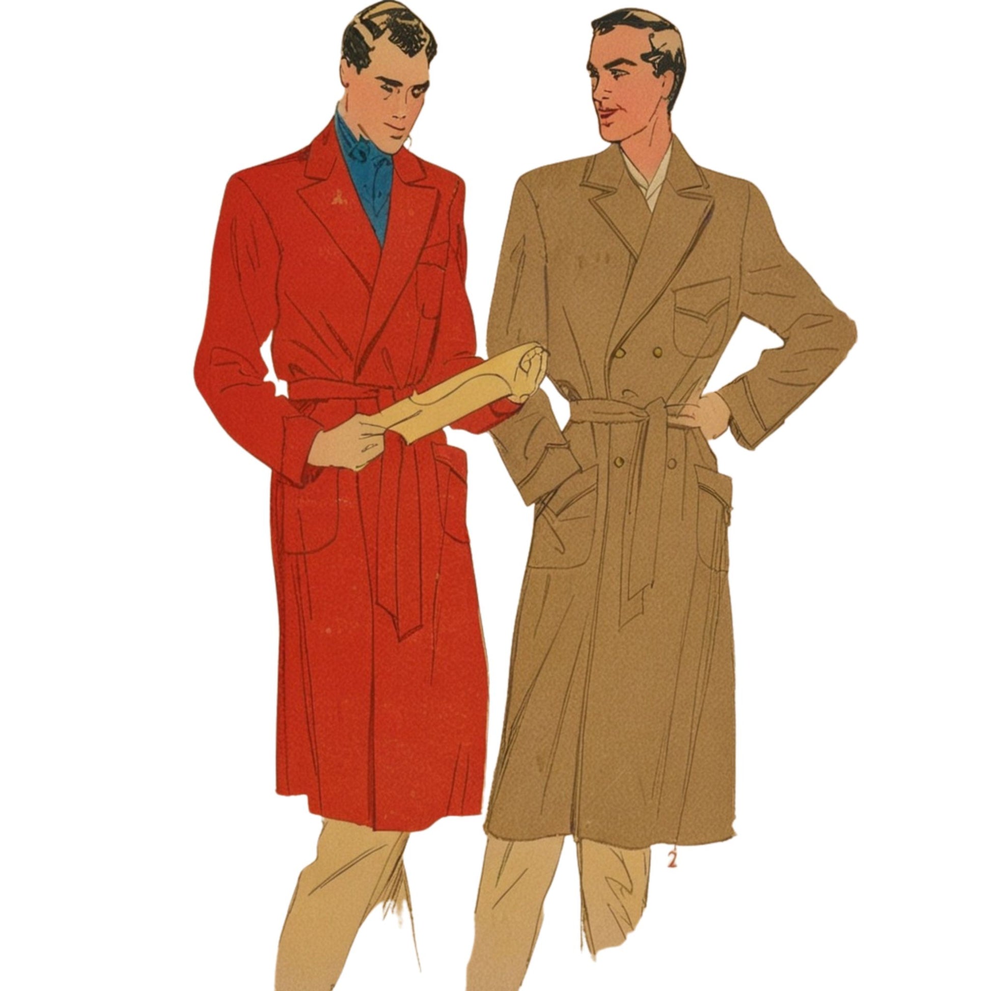Illustration of two men wearing trench coats on a white background