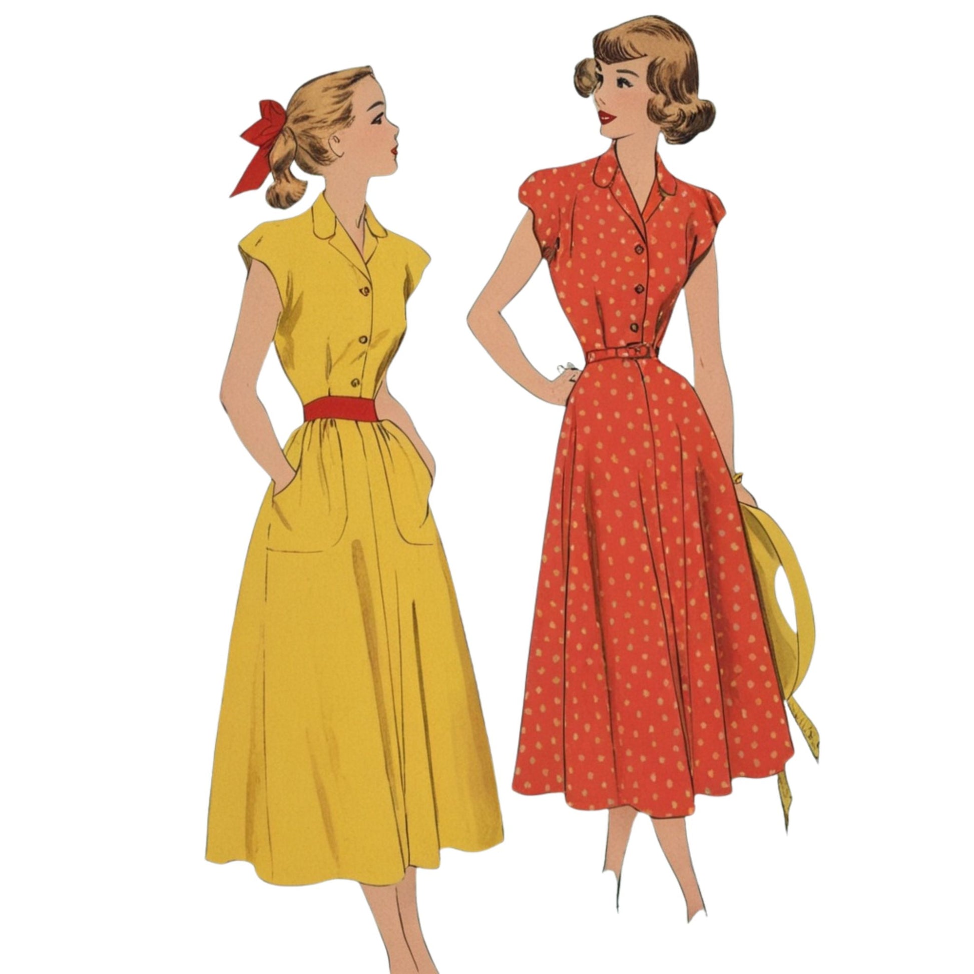 Two women wearing vintage-style dresses on a white background