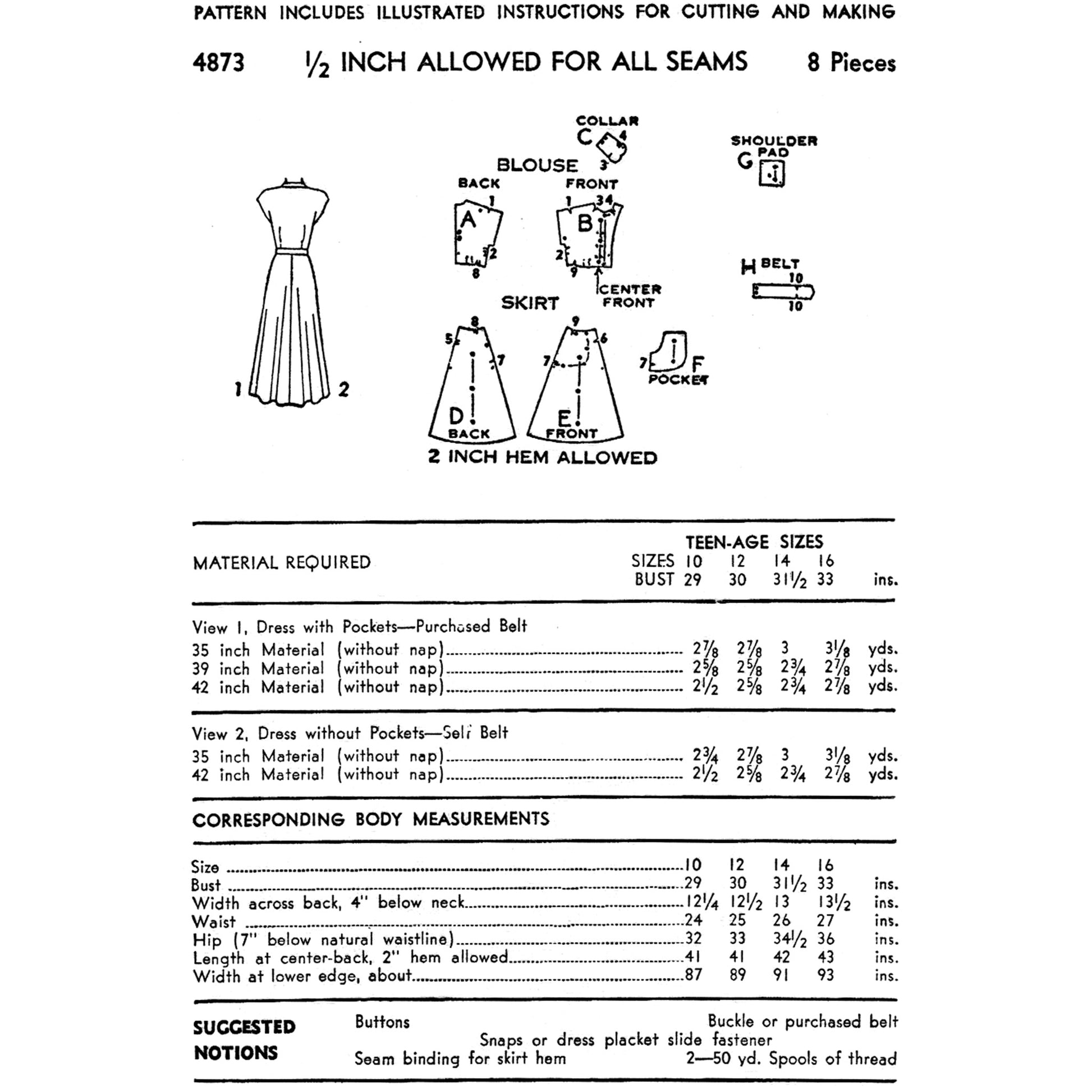 A vintage sewing pattern cover page for dressmaking, showing labelled front/back/skirt views, measurement instructions, and a material requirements table.