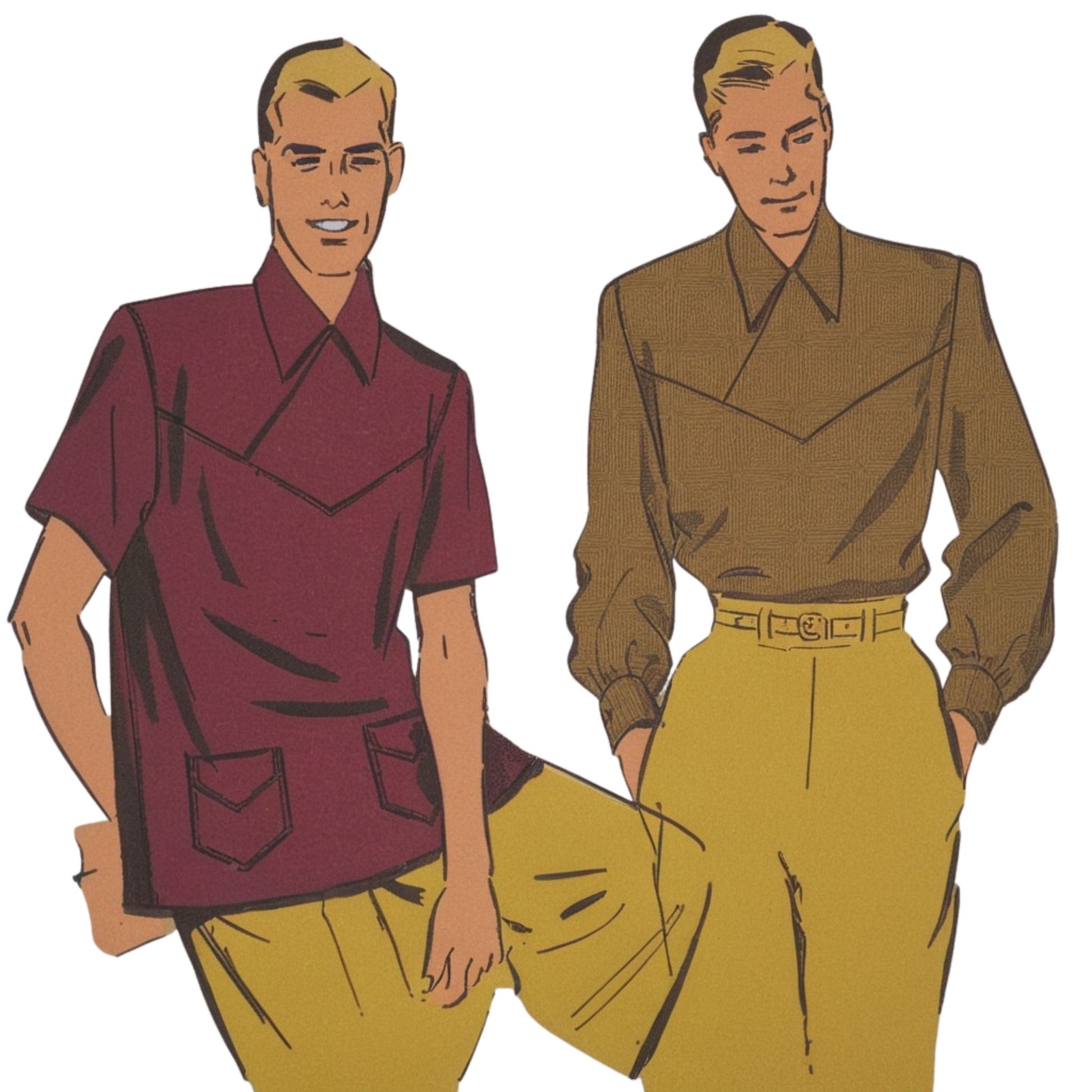 Illustration of two men wearing vintage-style clothing on a white background