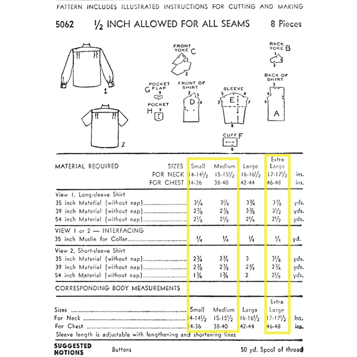A printed sewing pattern sheet showing labelled front/back views, with measurement callouts and a size chart table for chest and neck measurements.