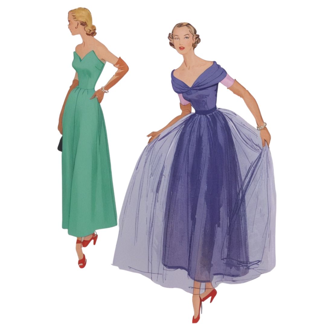 1940s Pattern, Mademoiselle Evening Dress, Ball Gowns - Two women wearing dresses