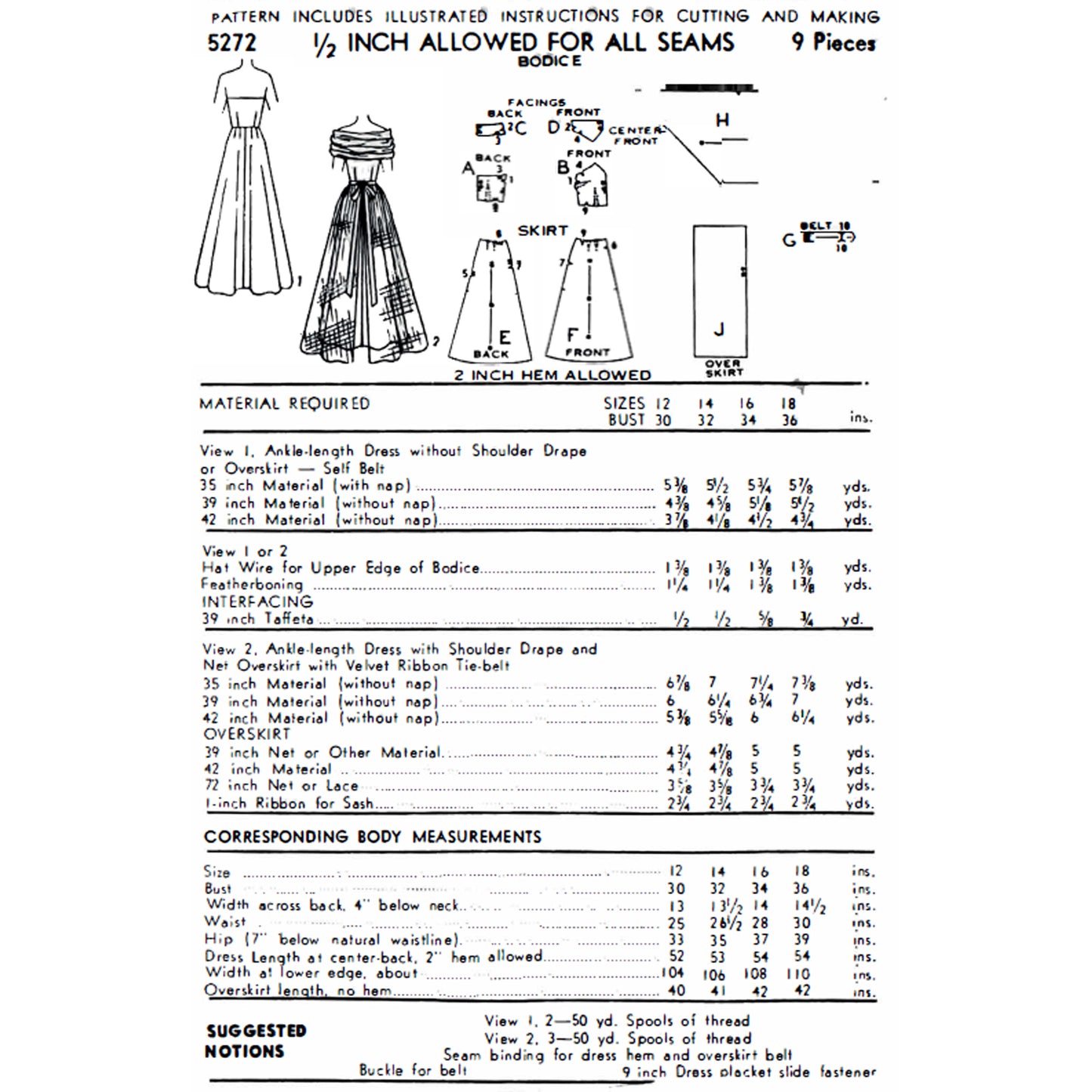 A black-and-white printed sewing pattern page showing line drawings of a dress and measurement guides.