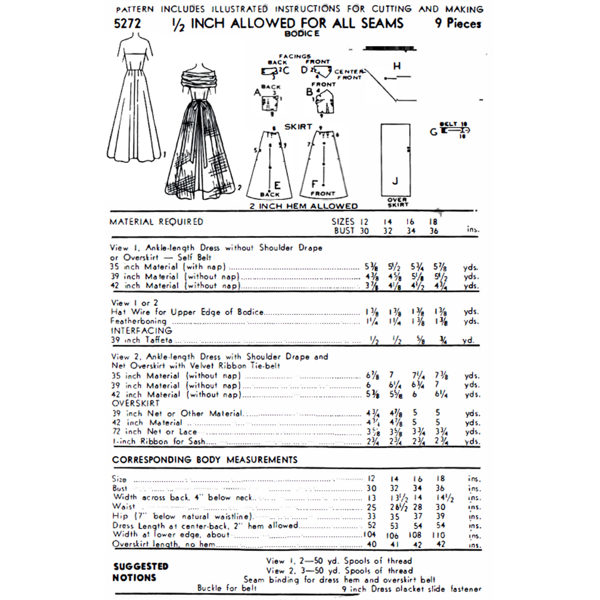 A black-and-white printed sewing pattern page showing line drawings of a dress and measurement guides.