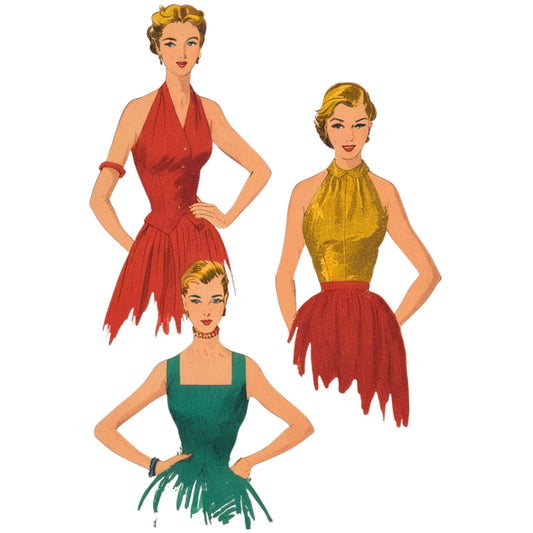 Three vintage-style women in colorful tops on a white background