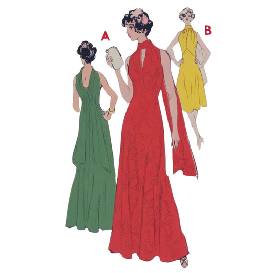 Three women wearing vintage dresses in green, red, and yellow on a white background.