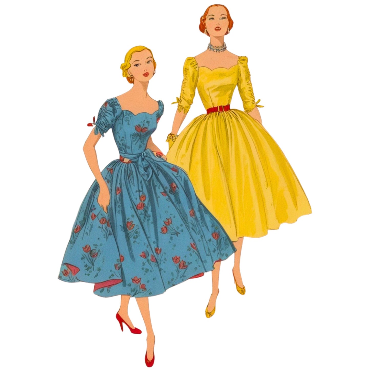 Two women wearing vintage dresses on a white background