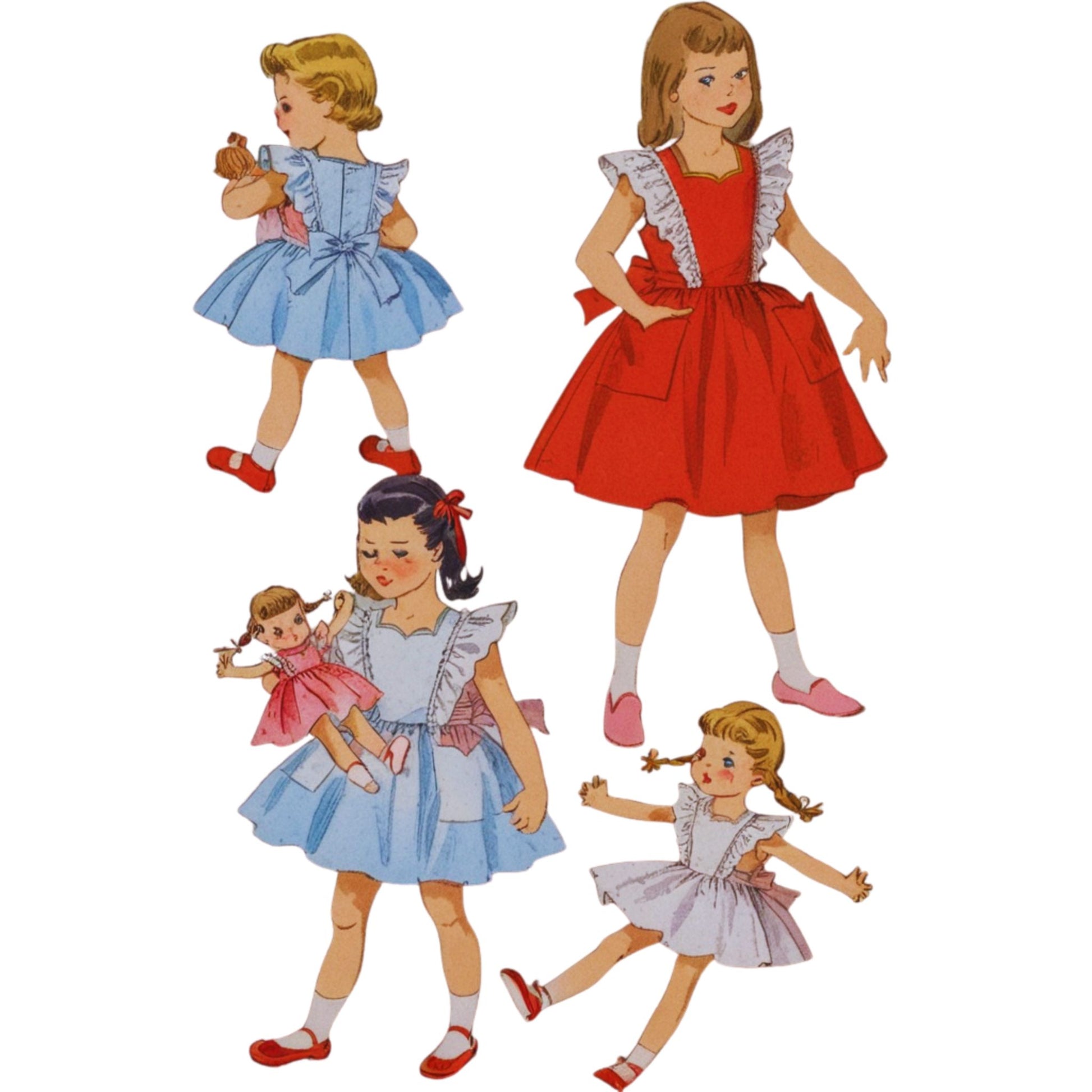 Set of vintage-style dolls in colorful dresses on a white background