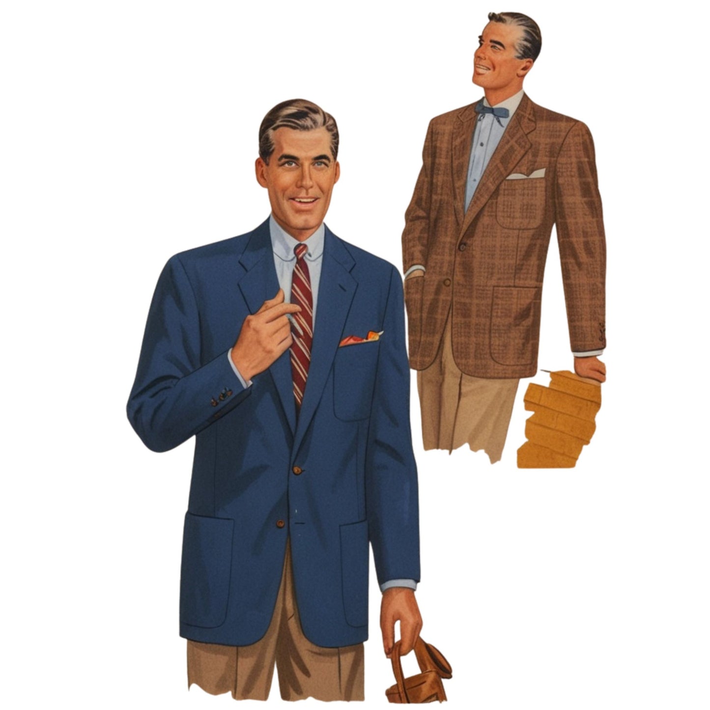 Two men wearing suits with a stack of books on a white background