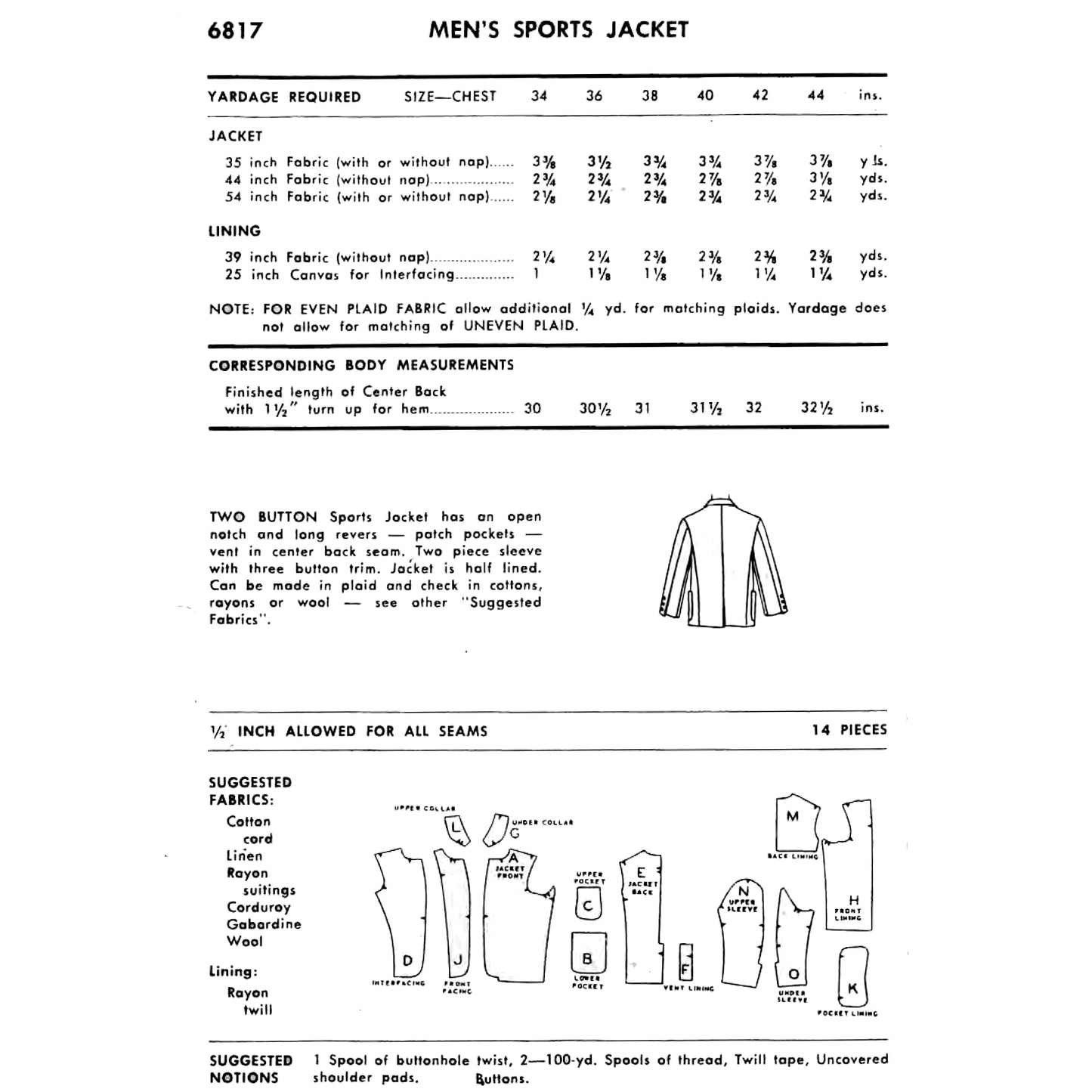 A black-and-white technical page for a men's sports jacket, showing size and yardage requirements, body measurements, suggested fabrics, and a line drawing with labelled garment pieces.