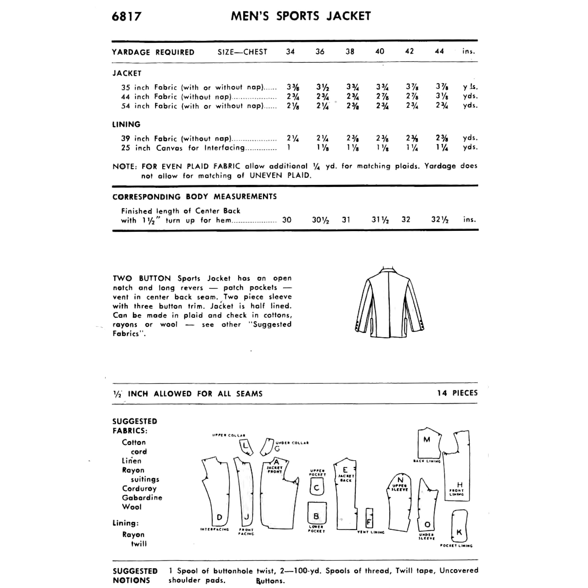 A black-and-white technical page for a men's sports jacket, showing size and yardage requirements, body measurements, suggested fabrics, and a line drawing with labelled garment pieces.