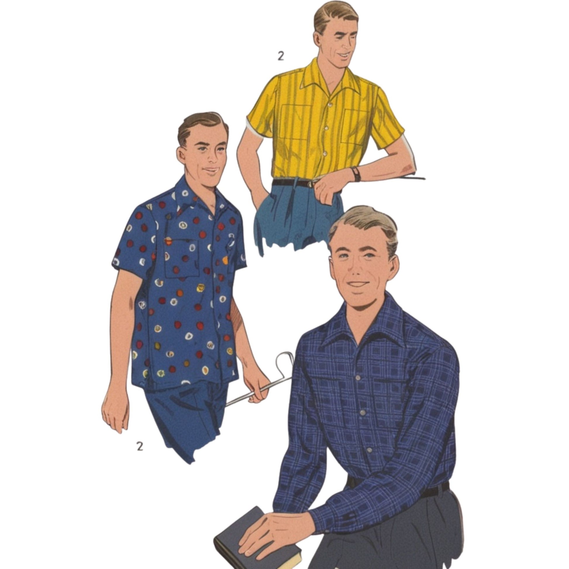 Three men wearing different shirts with a white background