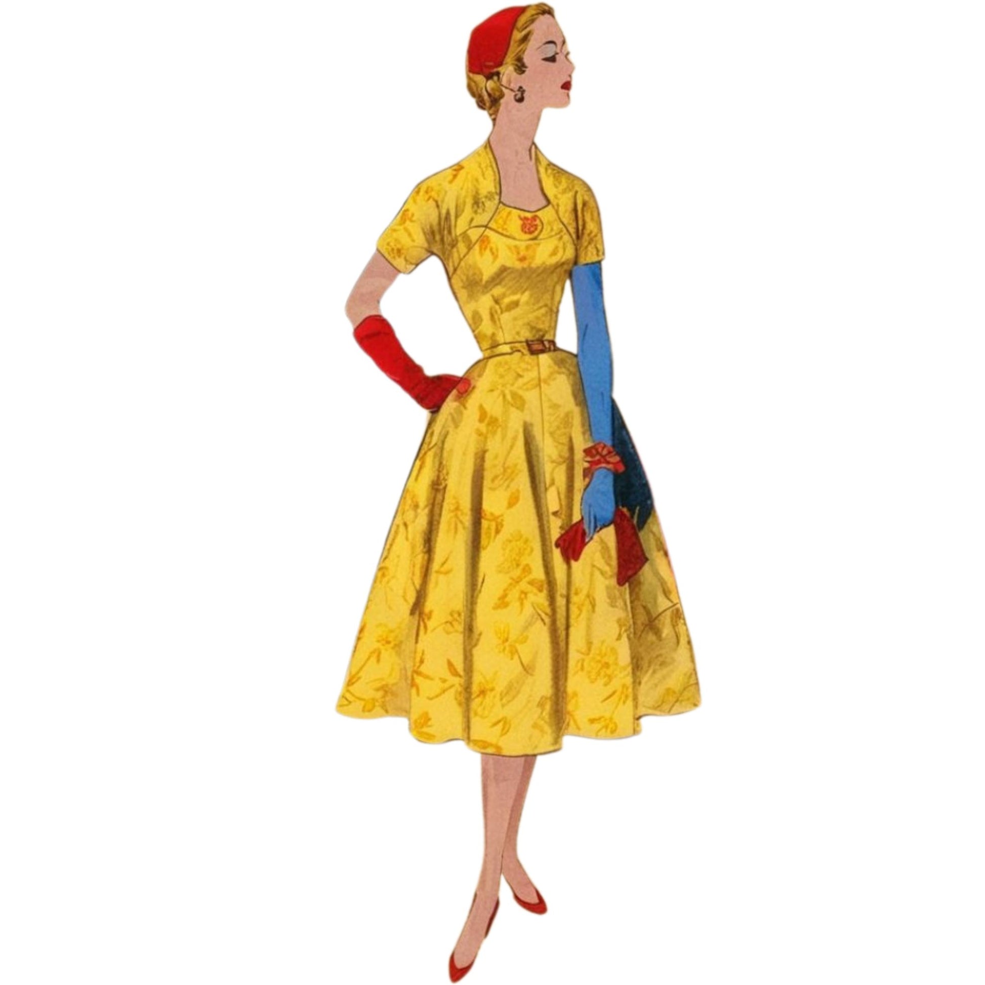 Vintage-style illustration of a woman in a yellow dress with red gloves and a blue handbag on a white background.