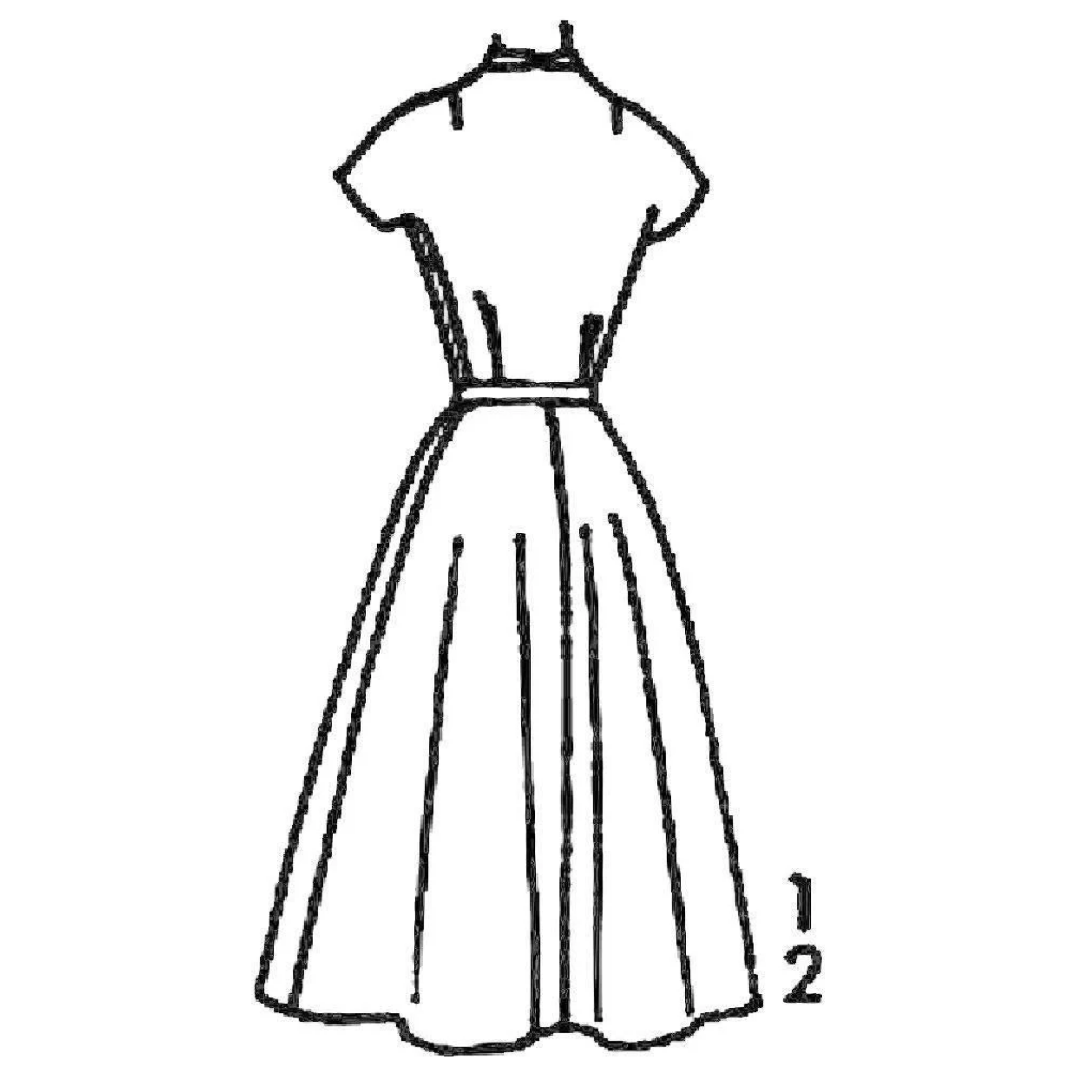 Line drawing of a dress on a mannequin with a label indicating half.