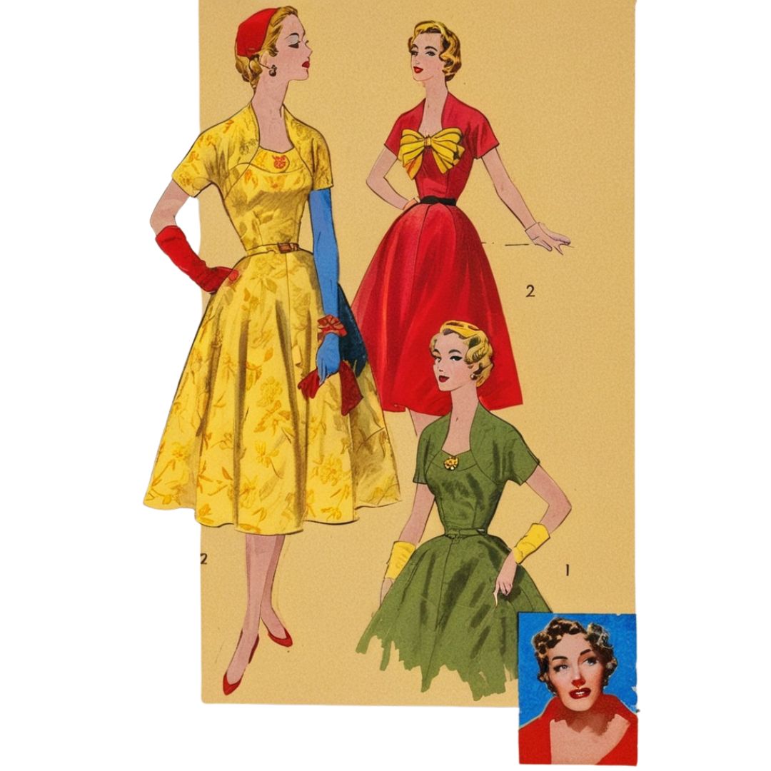 Vintage fashion illustration of three women in colorful dresses on a beige background