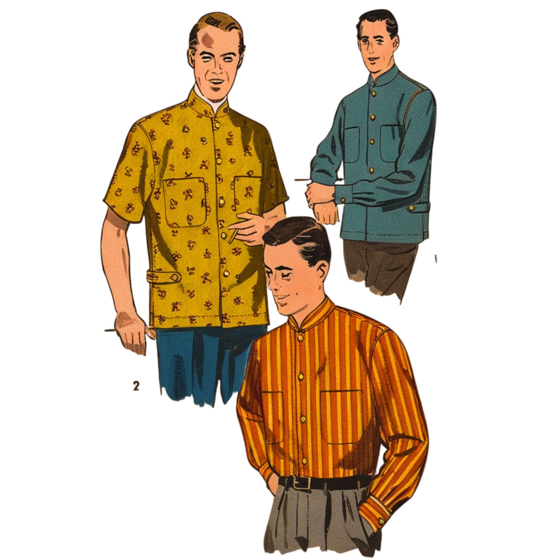 Vintage illustration of three men wearing different shirts on a white background