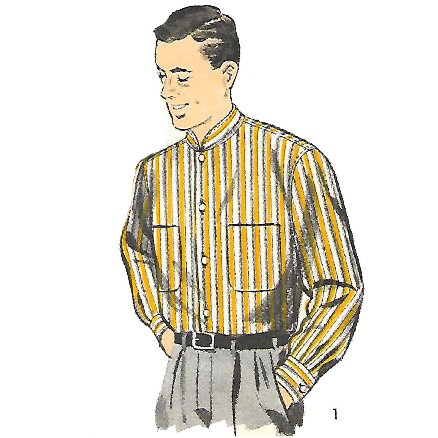 man wearing shirt with stand collar.
