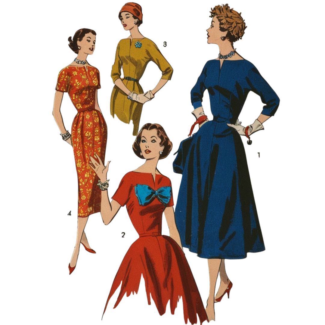 Four women wearing vintage dresses on a white background