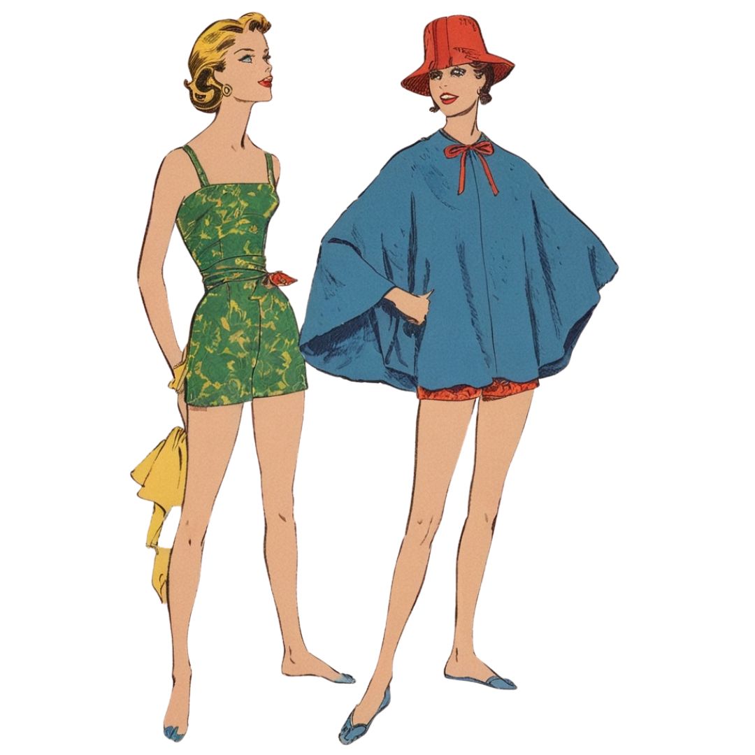Illustration of two women in vintage swimwear and cover-ups on a white background