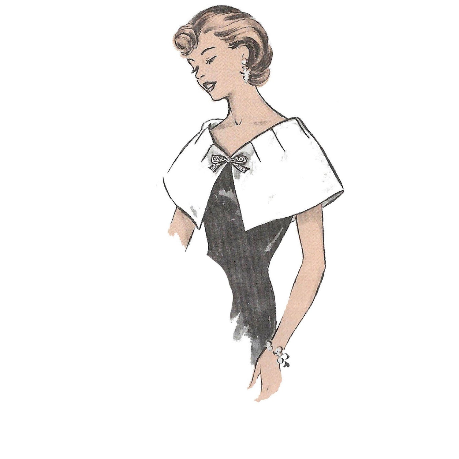 Model wearing 1950s misses’ collars and dickeys made from Advance 9045 pattern.