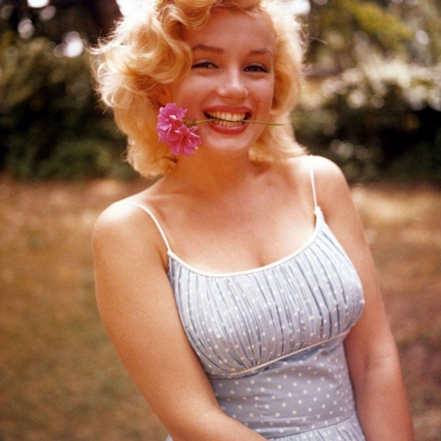 marilyn Monrow in a blue and white polka dot dress.