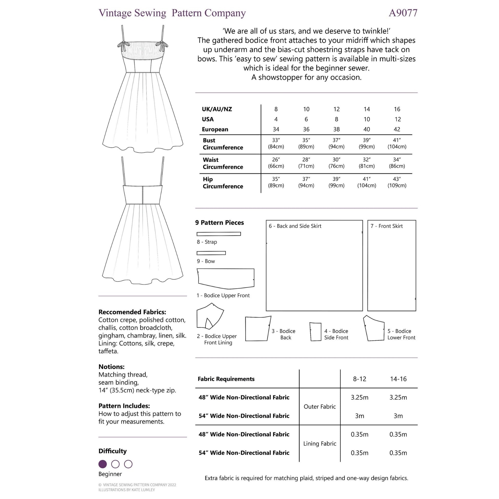 Vintage sewing pattern for a dress with measurements and fabric requirements on a white background