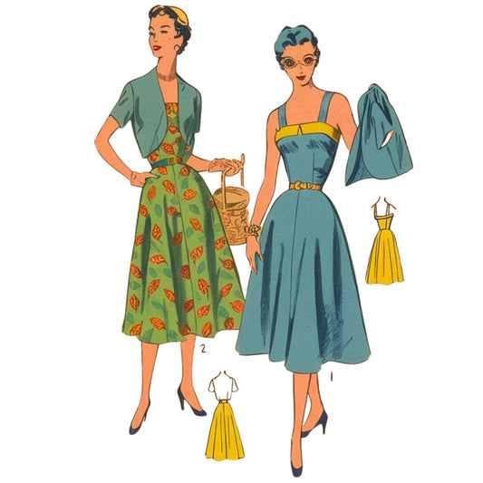 Vintage-style illustration of two women wearing dresses with patterned designs.