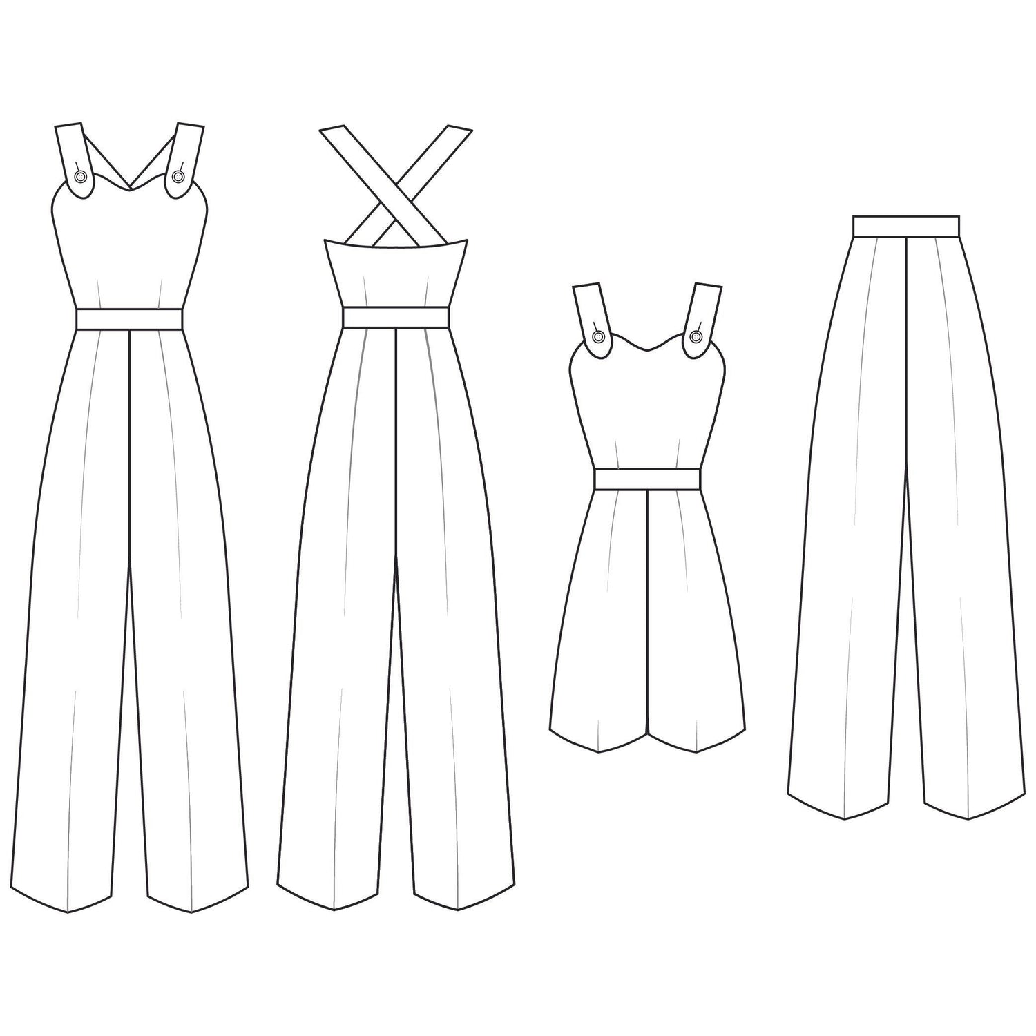 Line drawing of front a back of overalls, plus front of playsuit and slacks.