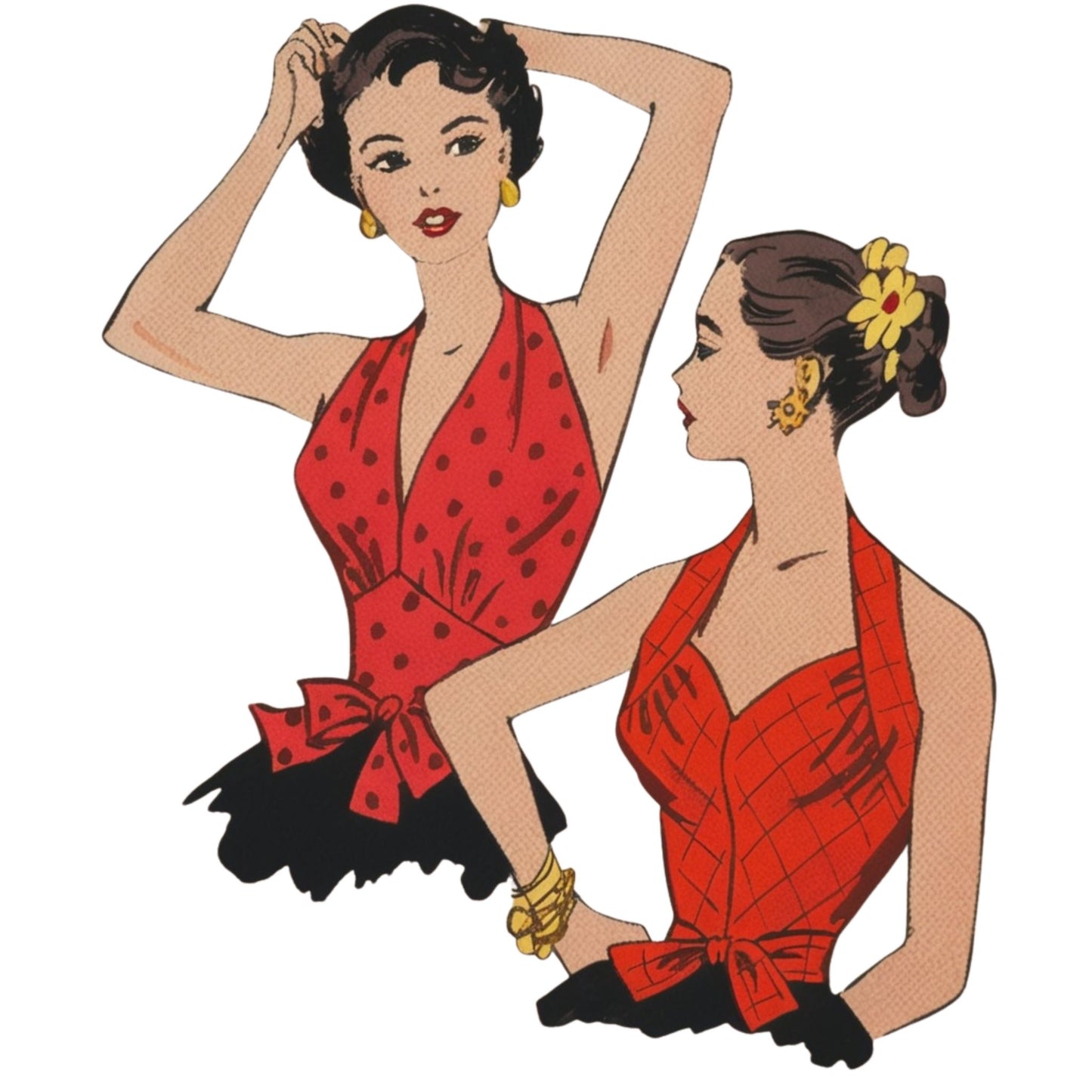 Two women in red dresses with black accents on a white background