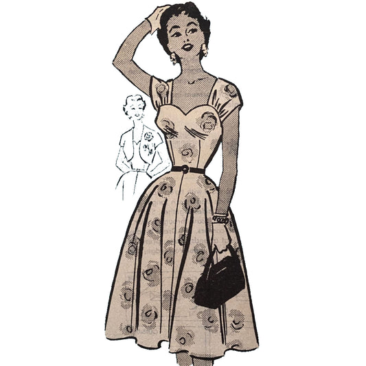 Vintage-style illustration of a woman wearing a floral dress with a smaller inset image of a jacket.