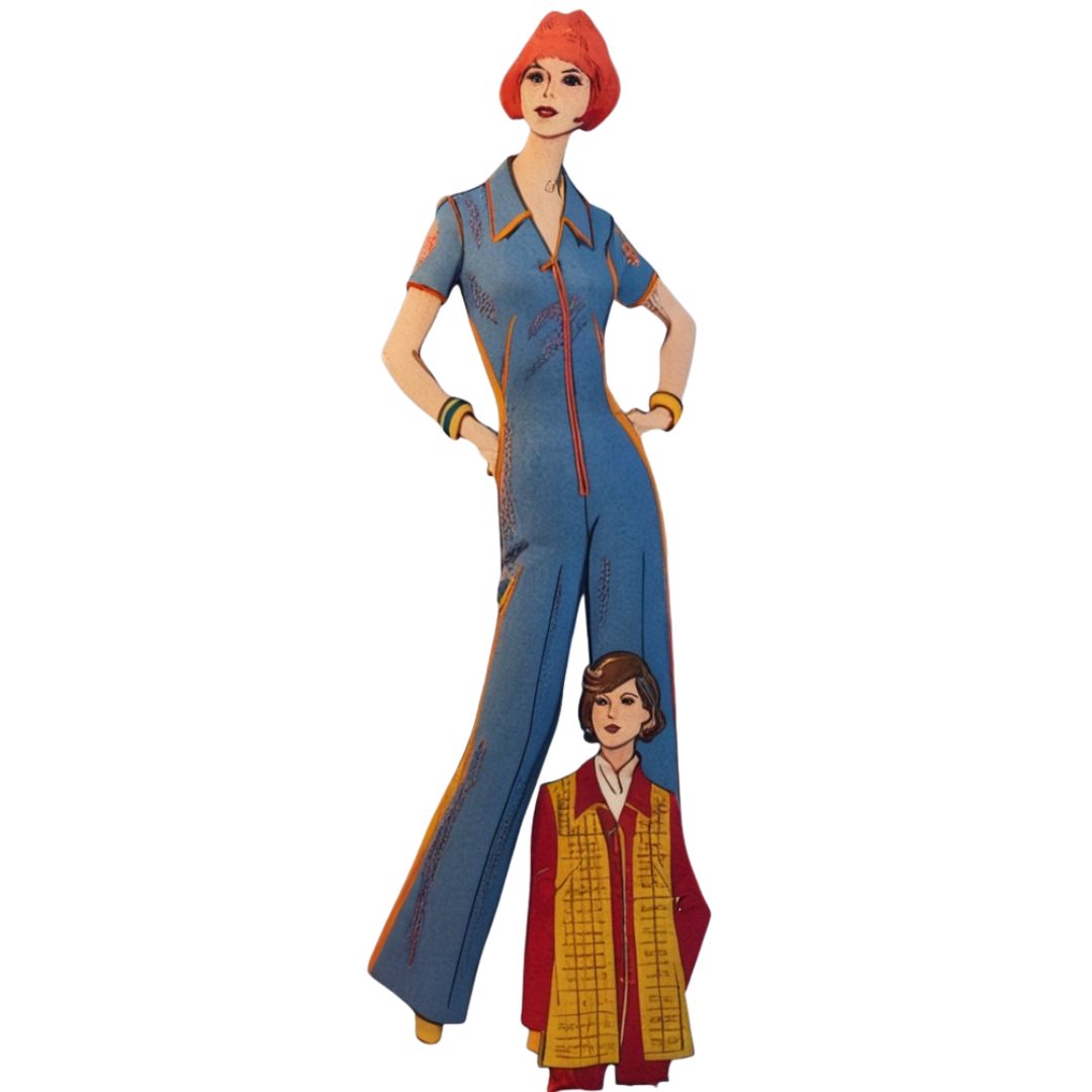 Illustration of a woman in a blue jumpsuit with a smaller inset of a woman in a red and yellow outfit.