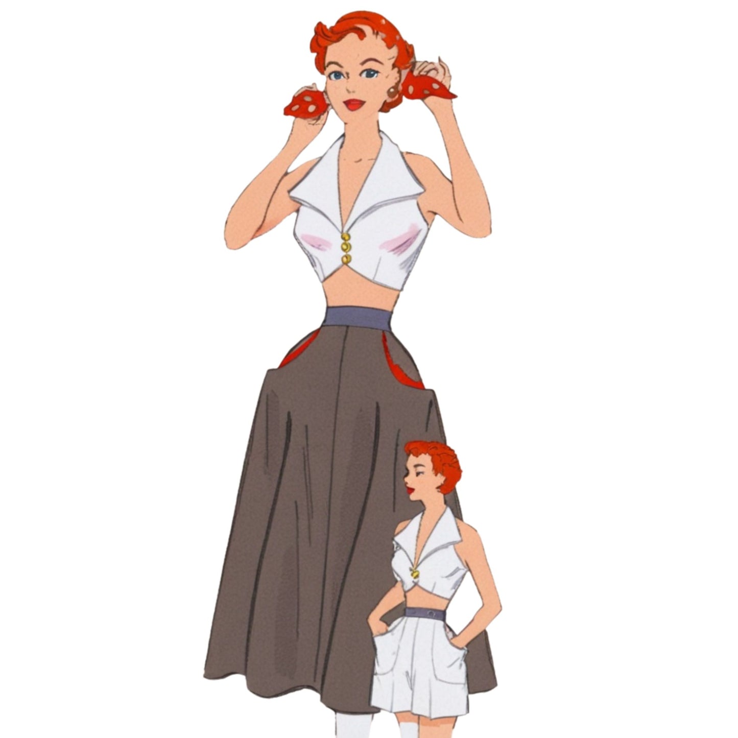 Illustration of a woman in a white top and brown skirt with a smaller inset of the same outfit.