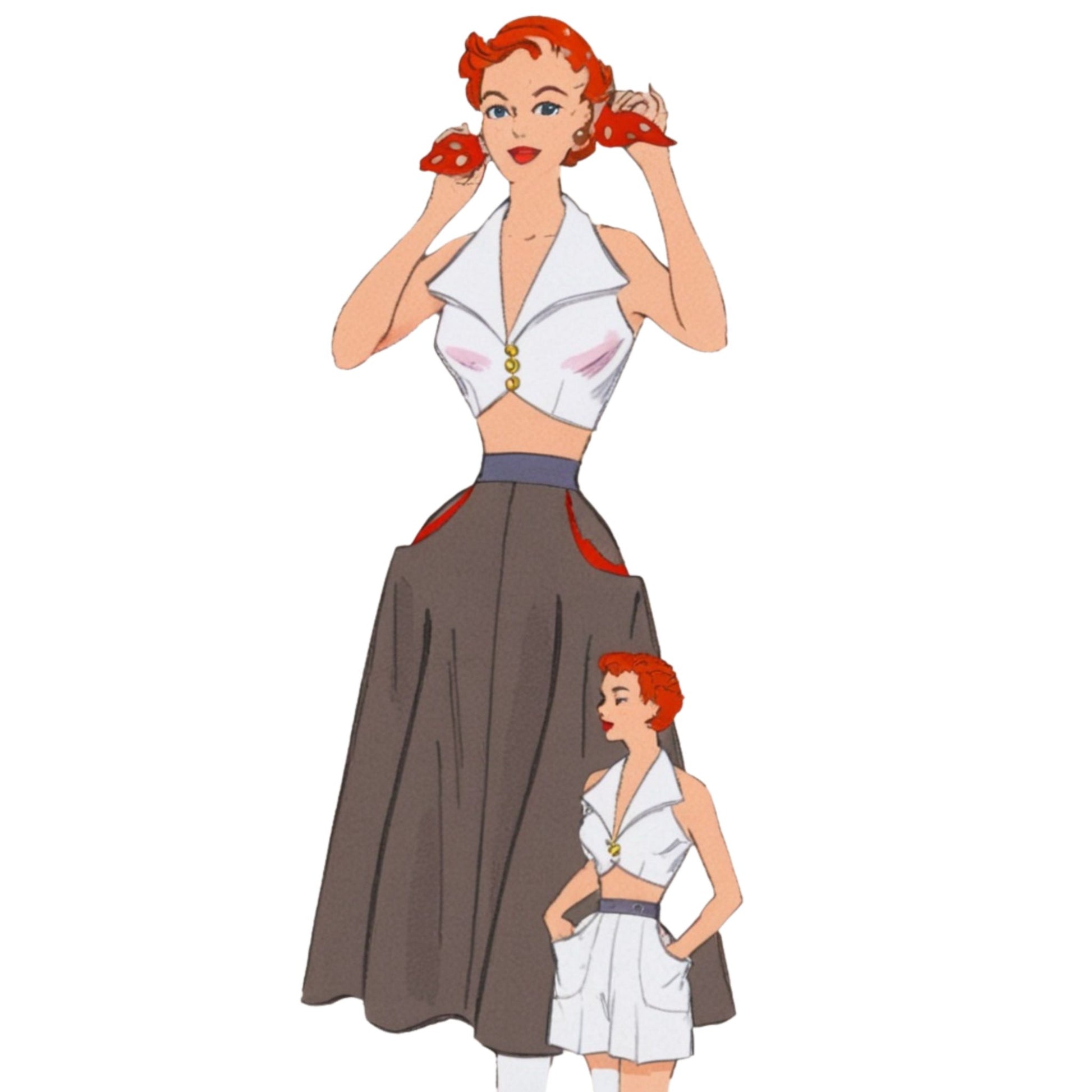 Illustration of a woman in a white top and brown skirt with a smaller inset of the same outfit.