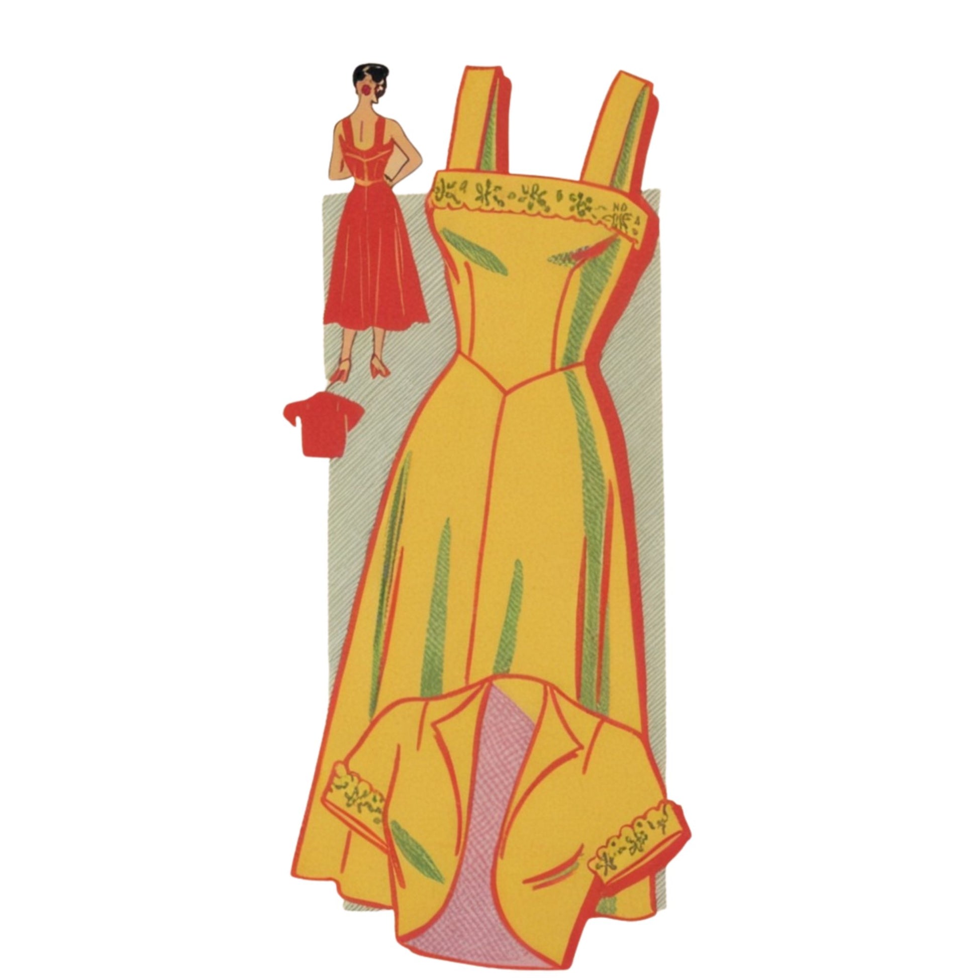 Yellow dress with red accents and floral patterns on a white background