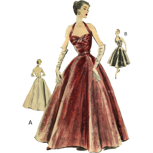 Vintage-style dress pattern with a woman wearing a red evening gown, gloves, and a smaller inset of another dress.