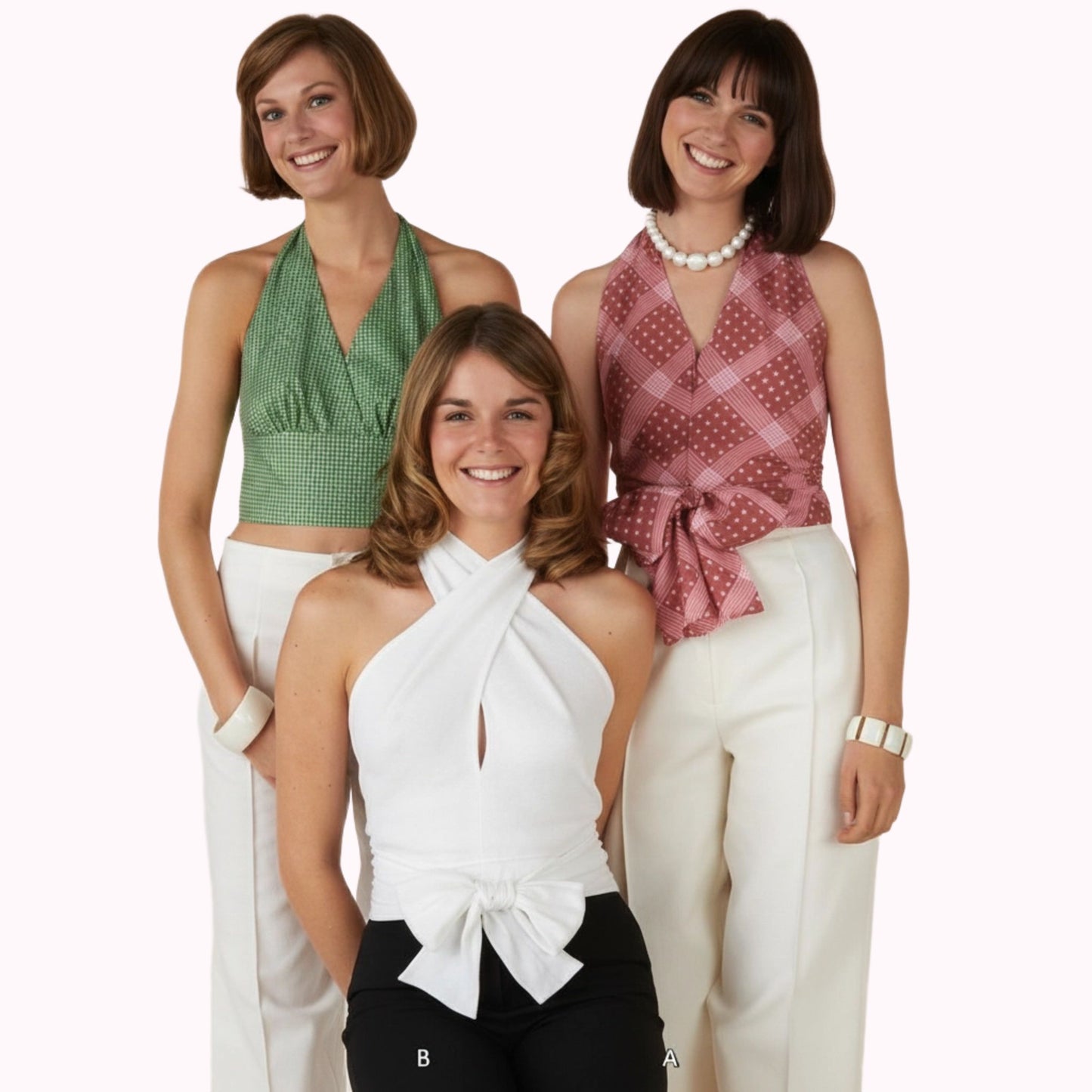 Three women wearing different tops and pants on a white background