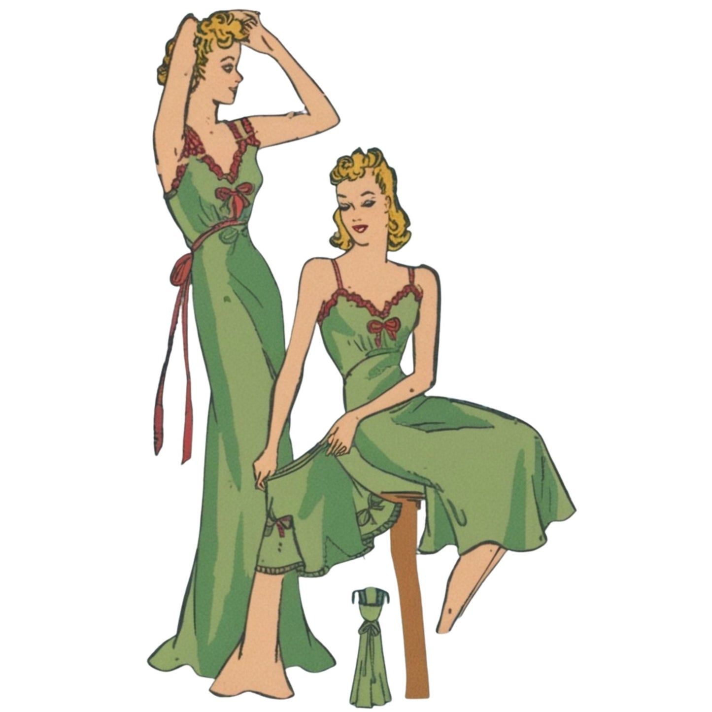 Vintage-style illustration of a woman wearing a green nightgown with red accents.