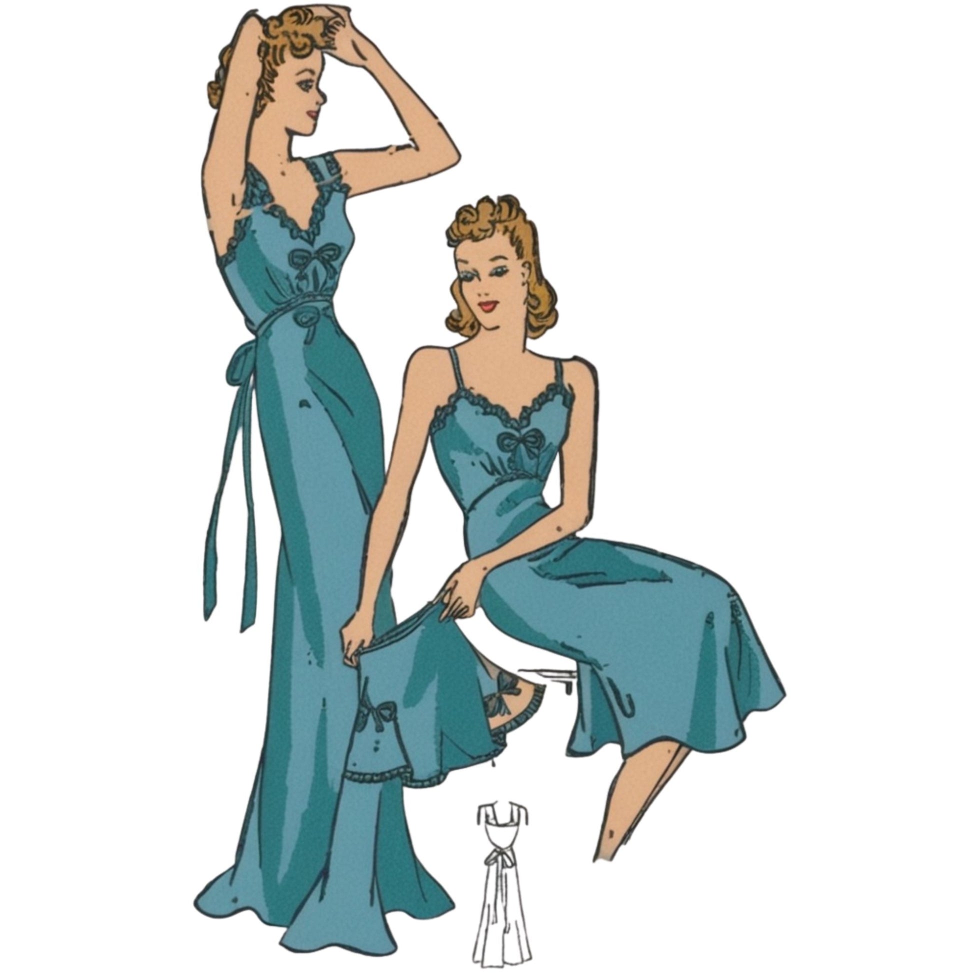 Illustration of a woman wearing a teal nightgown with a matching robe.
