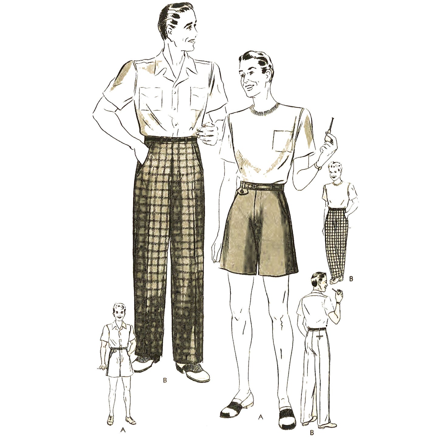Men wearing 1940s trousers and shorts