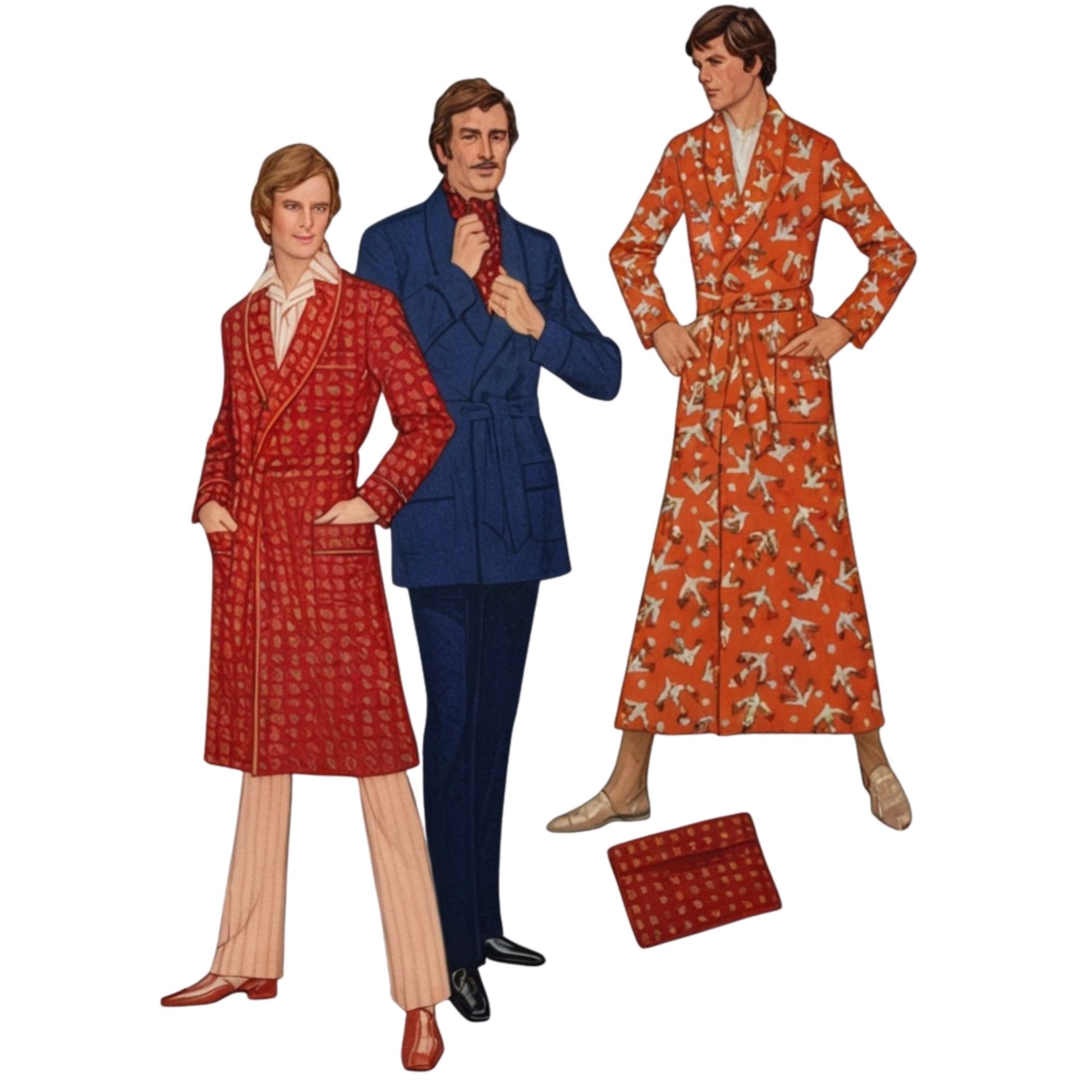 Three people wearing vintage-style clothing with a patterned coat, suit, and robe on a white background.