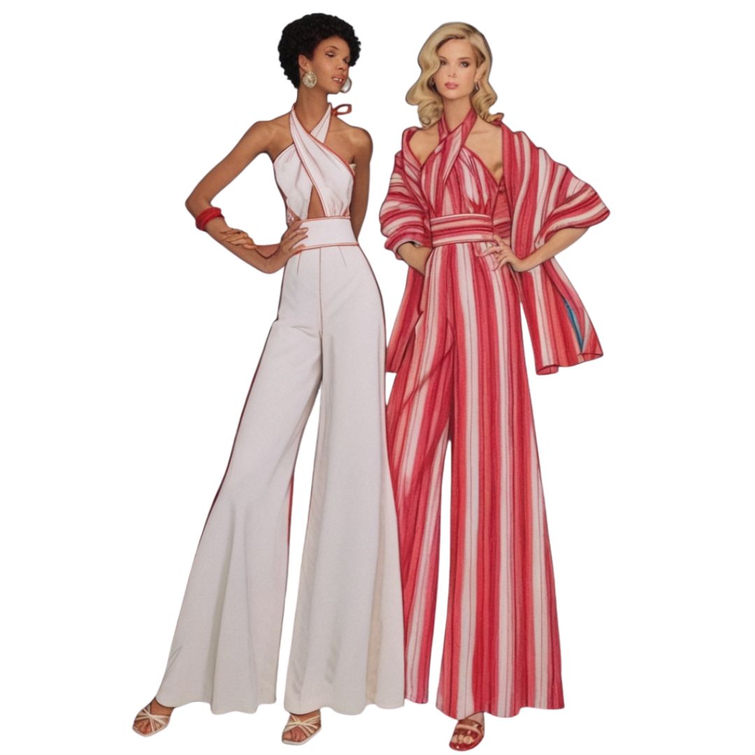 Two women wearing red and white striped jumpsuits on a white background